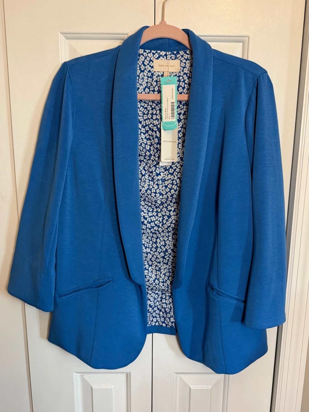 Skies Are Blue Open-Front Bright Blue Blazer with Floral Lining NWT
